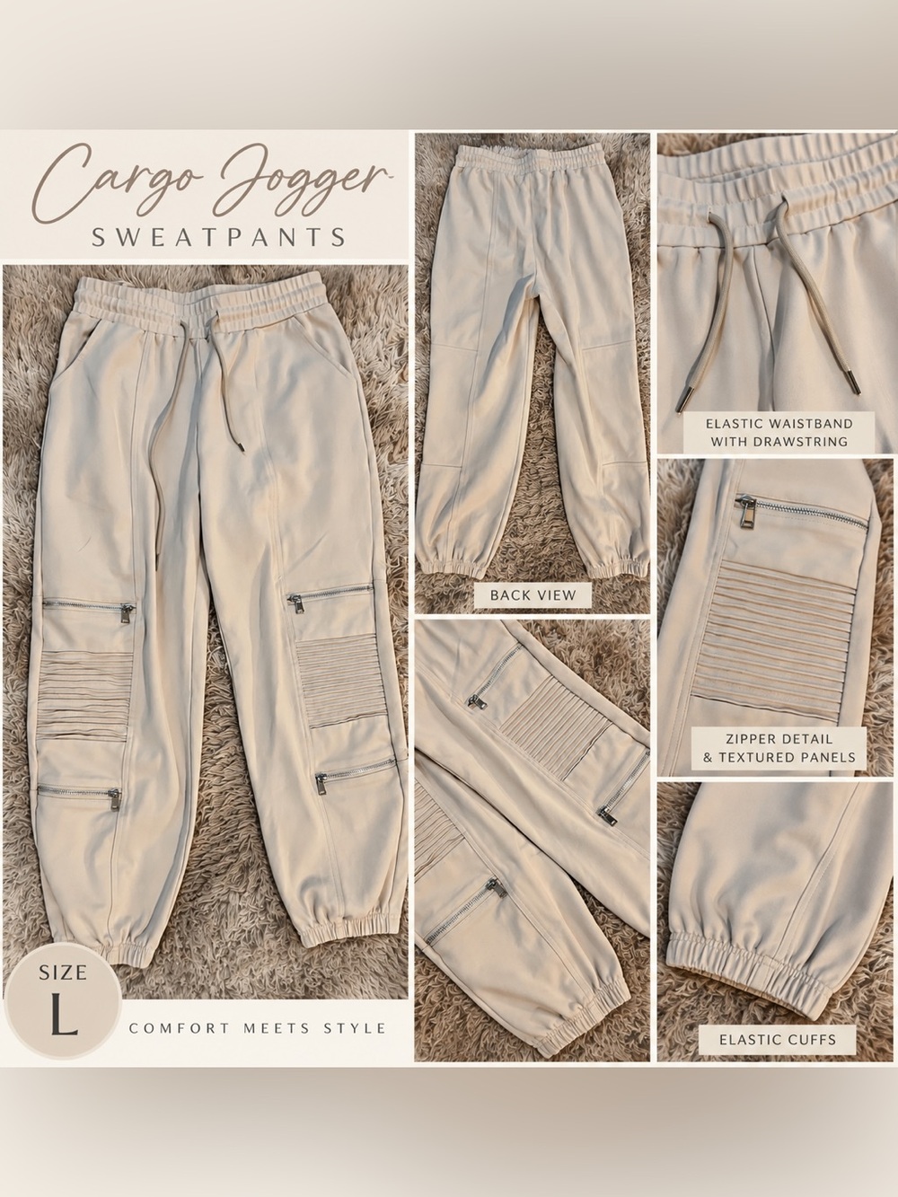 Women’s Cream Moto Jogger Sweatpants, Large. Zip Detail Ribbed Knee